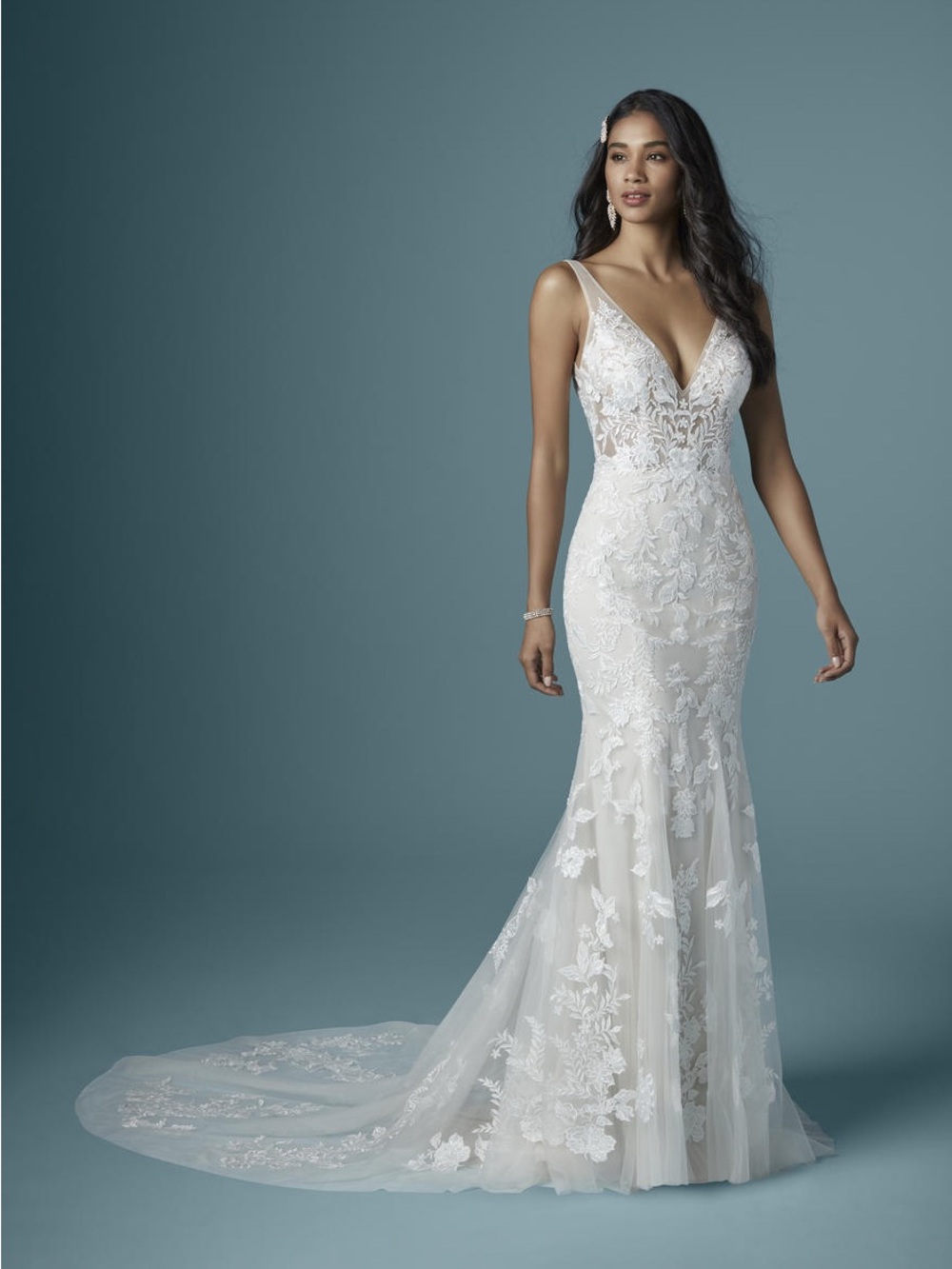 Maggie Sottero Greenly 20MT284 Lace Appliqué V-Neck Bridal Gown Ivory and nude